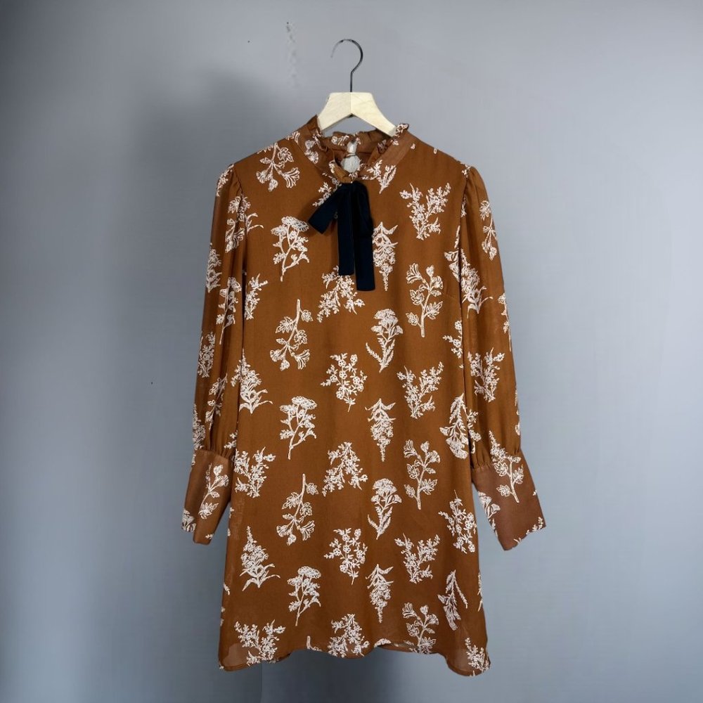 Shein Long Sleeve Auburn White Floral Print & Black Bow Mini Dress Size M